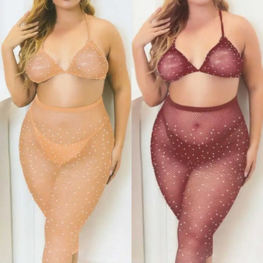 Sexy 2 PC Rhinestone  Bikini Capri Set Curvy Queen Size
