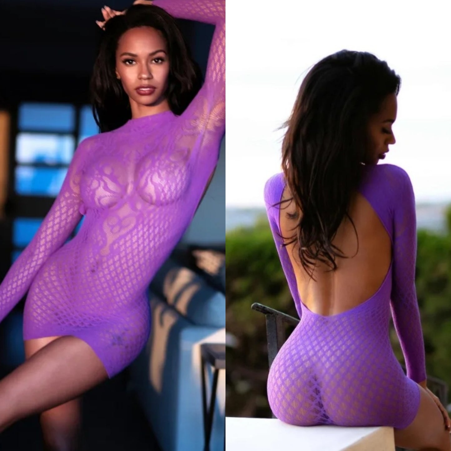 Purple Sexy Fishnet Body Stocking Dress