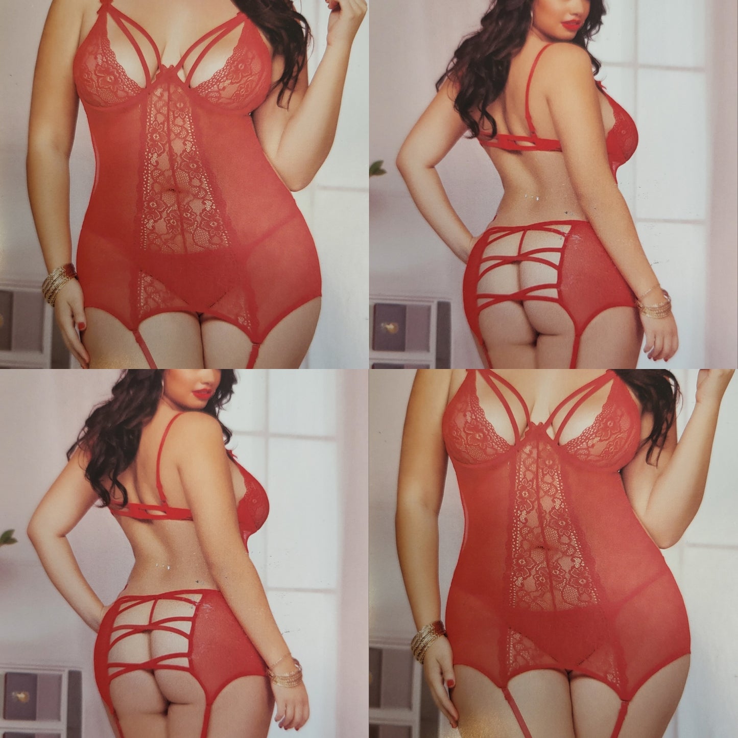 2 PC Red Floral Lace Chemise Set Curvy Queen Size