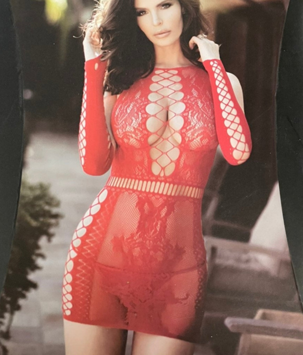 Red Fishnet Body Stocking Mini Dress with Sleeves